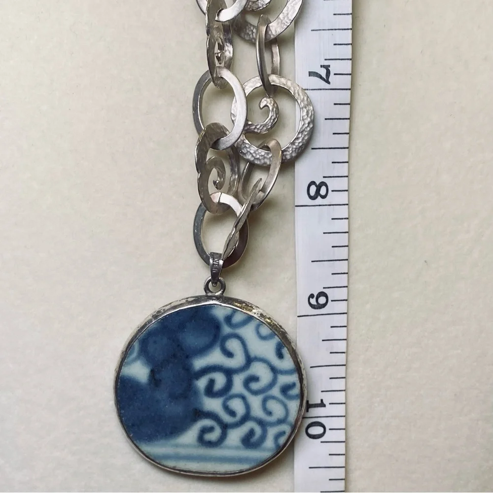 Hand made Sterling OOAK Sterling Upcycled Japanese Pottery Pendant and Chain